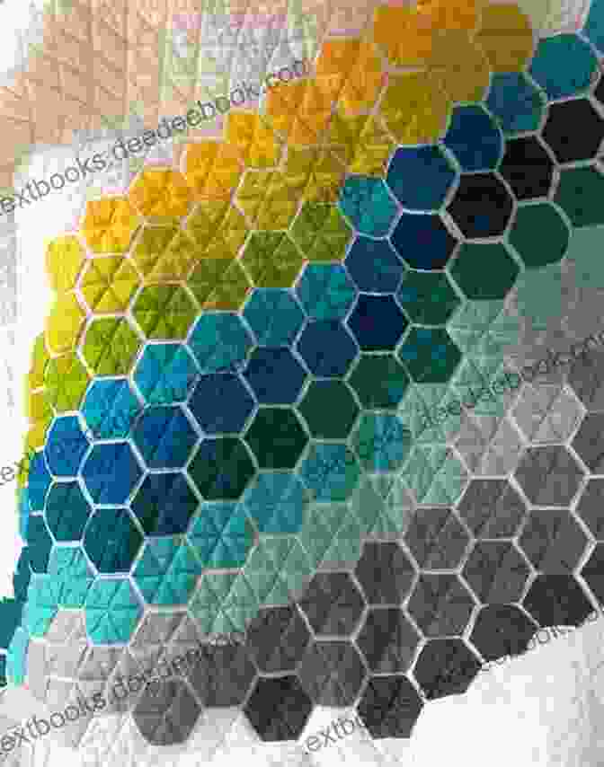 A Sleek And Contemporary Quilt Featuring A Mosaic Of Hexagon Blocks In Bold Colors And Geometric Patterns. Hexa Go Go: English Paper Piecing 16 Quilt Projects