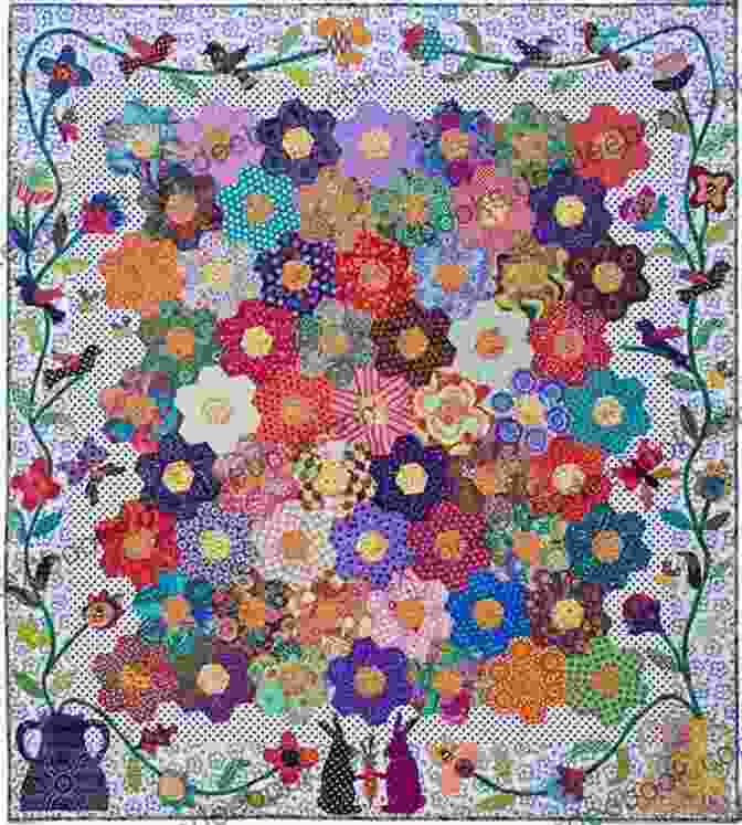 A Whimsical And Enchanting Quilt Adorned With Hexagon Flowers, Butterflies, And Hummingbirds. Hexa Go Go: English Paper Piecing 16 Quilt Projects